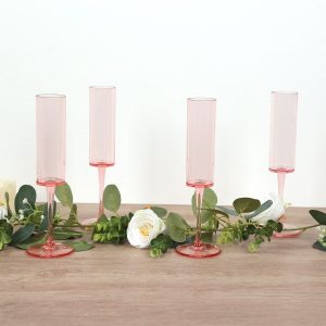6-Pack Transparent Blush Plastic Champagne Flute Glasses 6oz, Cylindrical Shape with Long Stems - Reusable Wine Mimosa Goblets 9.5" Tall